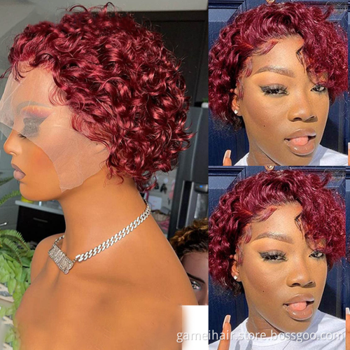 Short Curly Bob Wig Pixie Cut Human Hair  Under $30 99J 1BT30 Brown Colored Hair Wigs 13X1 Transparent Lace Wig For Women